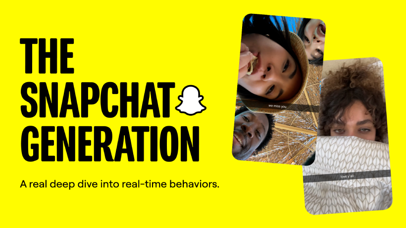 yellow background with black text on saying 'the snapchat generation, a real deep dive into real time behaviours. With two headshots